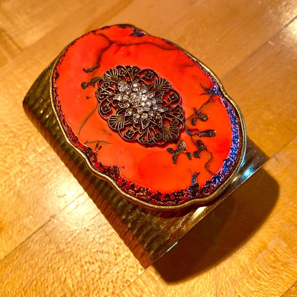 Vintage Studded Red Turquoise Brass Boho Statement Cuff - Picture 3 of 11